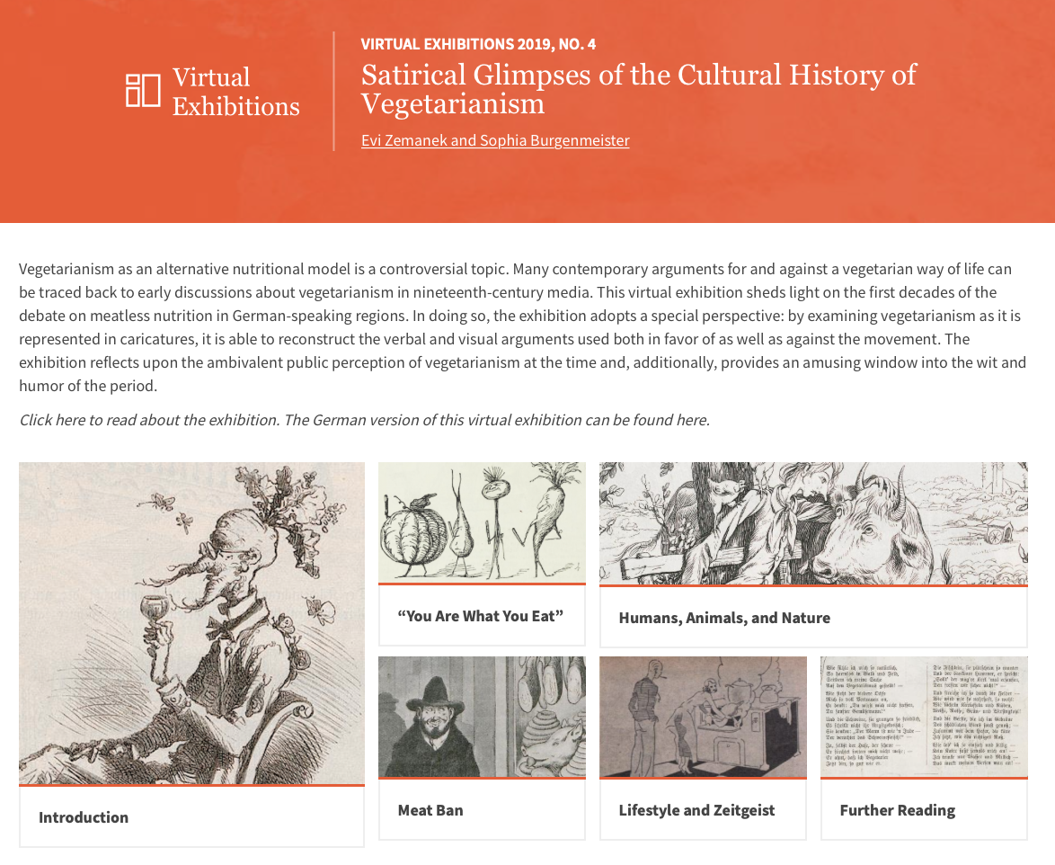 Screenshot of virtual exhibition "Satirical Glimpses of the Cultural History of Vegetarianism"