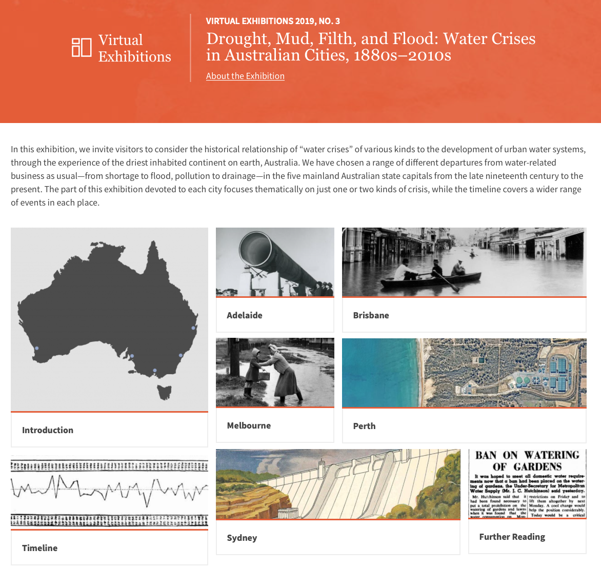 Screenshot of virtual exhibition"Drought, Mud, Filth, and Flood: Water Crises in Australian Cities, 1880s–2010s"