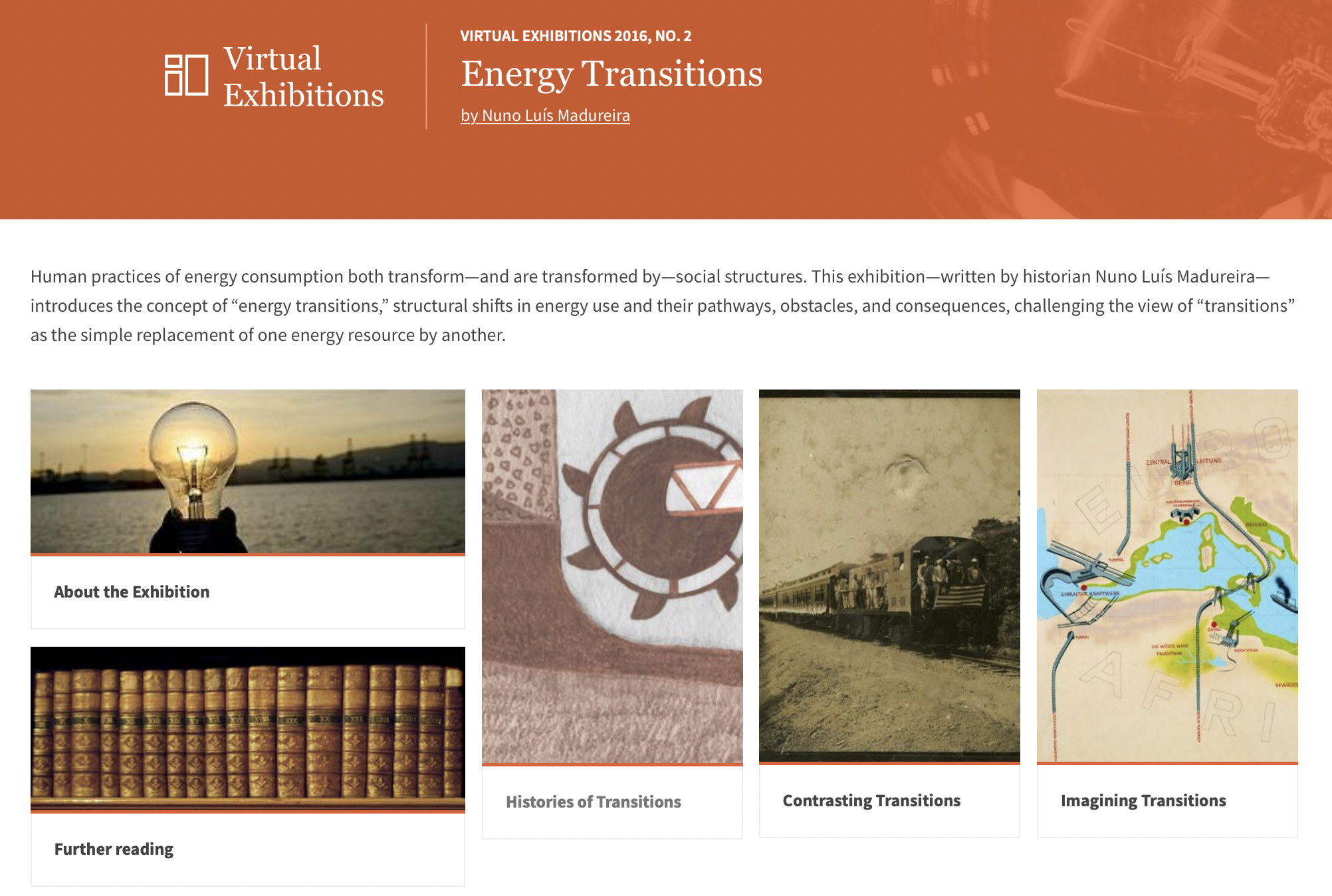 Screenshot of "Energy Transitions" virtual exhibition overview page.