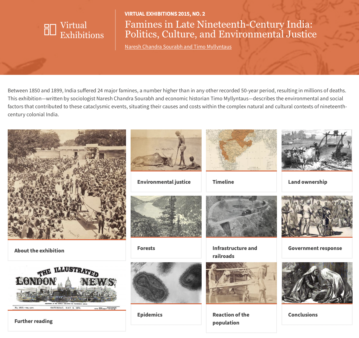 Screenshot of the virtual exhibition overview page "Famines in Late Nineteenth-Century India."